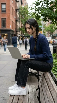 Young woman working on laptop in urban setting