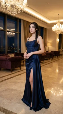 Elegant Woman in Evening Dress at Luxurious Venue