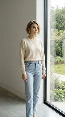 Casual Fashion: Woman in Sweater and Jeans by Window