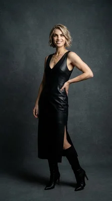 Stylish Woman in Black Leather Dress and Boots