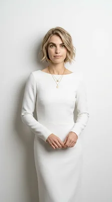 Elegant Woman in White Dress with Minimalist Jewelry