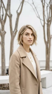 Stylish Woman in Neutral Coat Posing Outdoors
