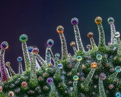 Colorful Dewdrops on Green Plant Macro Photography