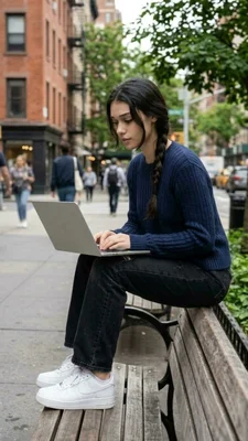 Young woman working on laptop in urban setting