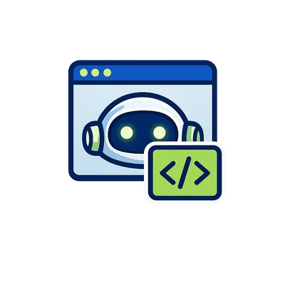 Cute Robot Icon with Coding Symbol on Screen