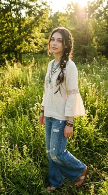 Young woman in nature wearing bohemian style clothing