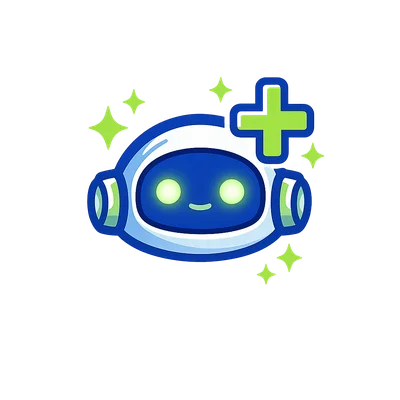 Cute Robot Character with Sparkles and a Plus Sign