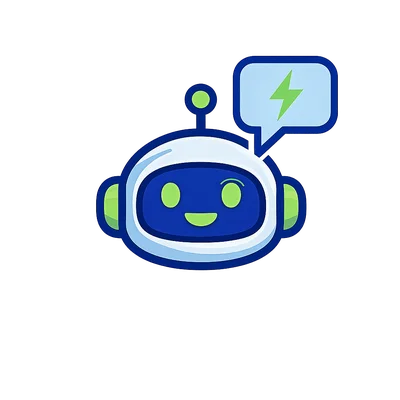 Cute robot character with speech bubble and lightning icon