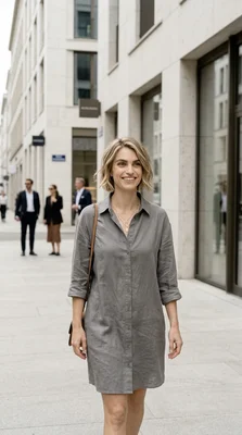 Stylish woman walking in urban setting with businesspeople in background