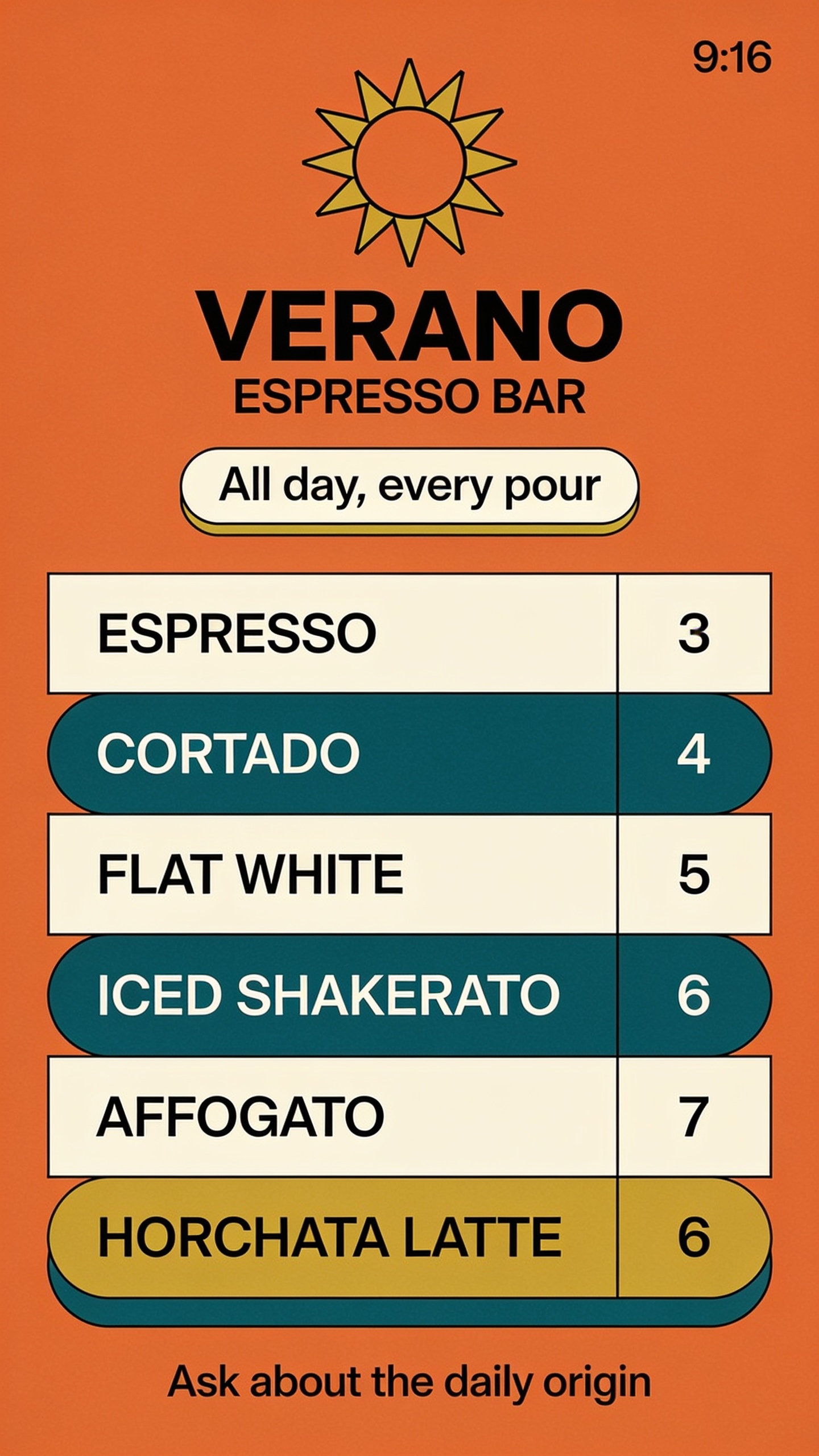 Menu of Verano Espresso Bar Featuring Various Coffee Options