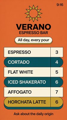 Menu of Verano Espresso Bar Featuring Various Coffee Options