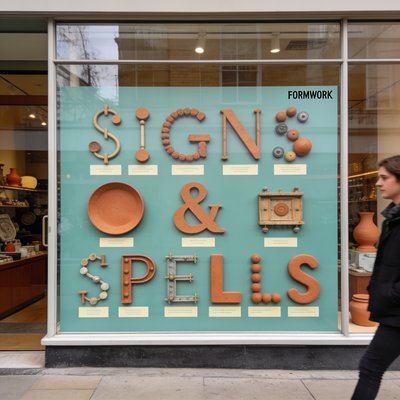 Colorful Window Display of Decorative Signs and Spells