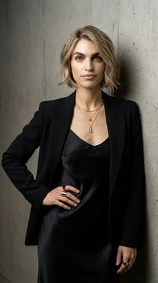 Stylish Portrait of a Woman in a Black Suit Against a Concrete Wall