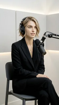 Podcast Host in Stylish Attire with Microphone Setup