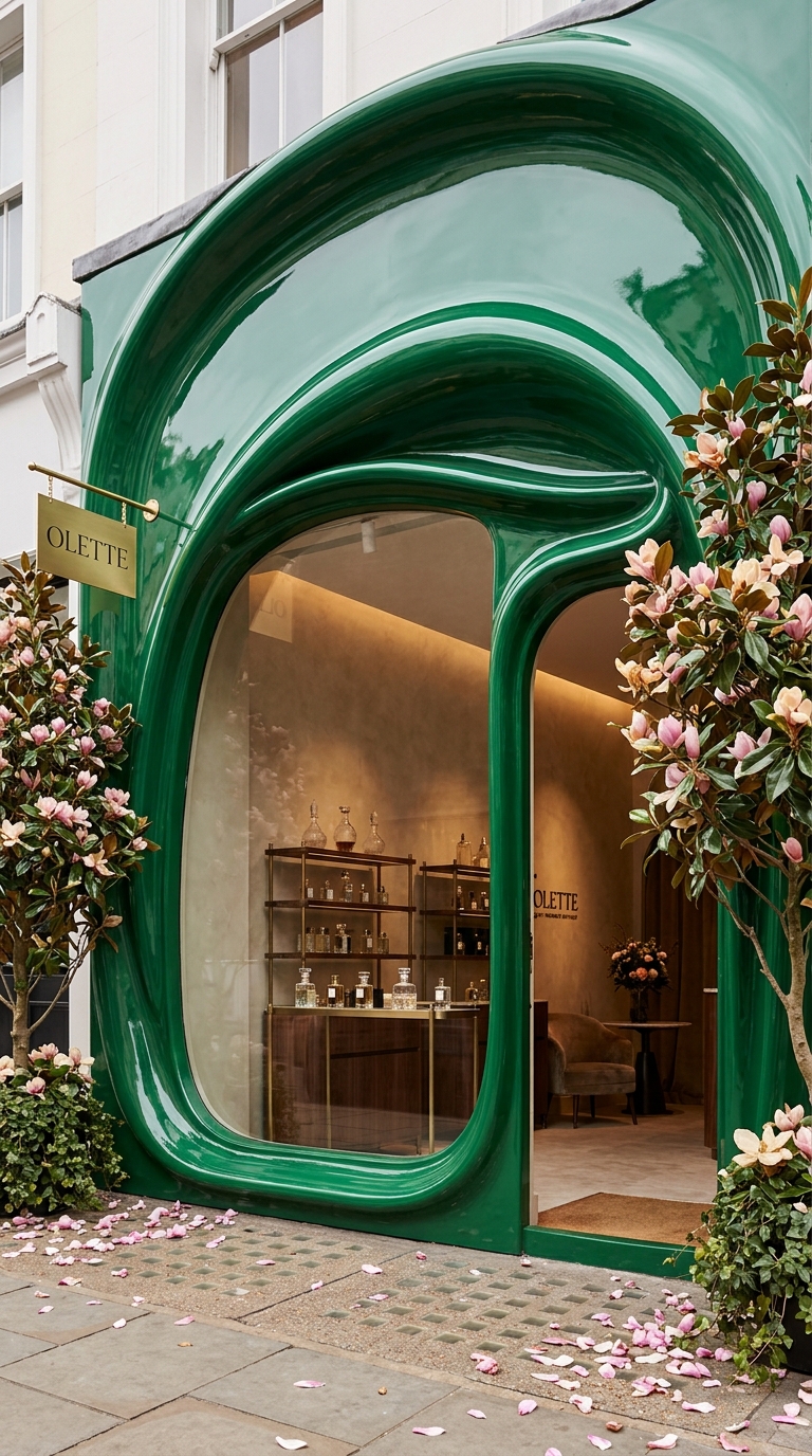 Modern Boutique with Unique Green Entrance and Floral Accents