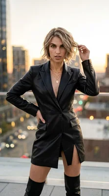 Stylish Woman in Black Leather Outfit at Sunset