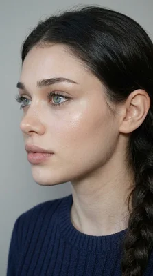Profile view of a young woman with natural makeup and braided hair