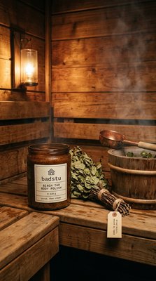 Birch Tar Body Polish in a Rustic Sauna Setting