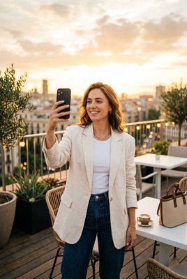 Woman Selfie Rooftop Cafe