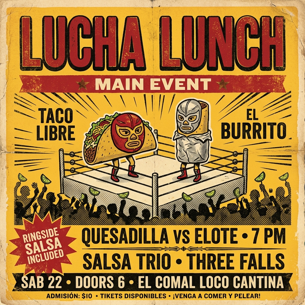 Lucha Lunch Event Poster Featuring Wrestling and Food