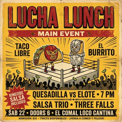 Lucha Lunch Event Poster Featuring Wrestling and Food