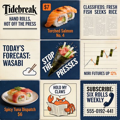 Tidebreak Menu Featuring Sushi Rolls and Prices