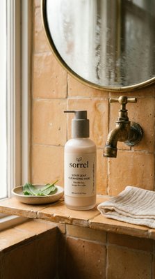 Elegant Sorrel Cleansing Milk in a Cozy Bathroom Setting