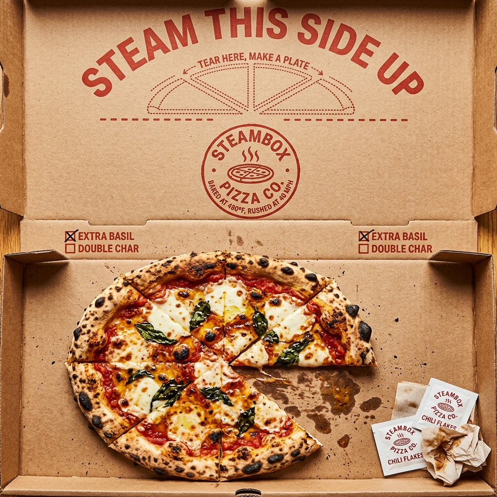 Delicious pizza in a takeout box from Steambox Pizza Co.