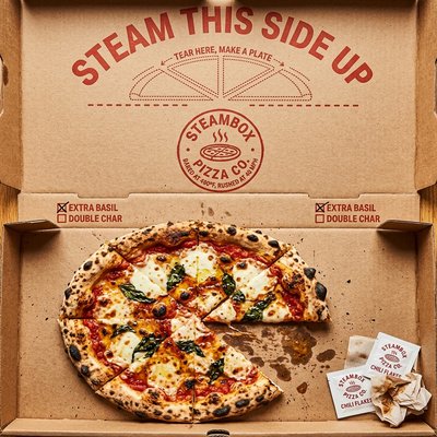 Delicious pizza in a takeout box from Steambox Pizza Co.