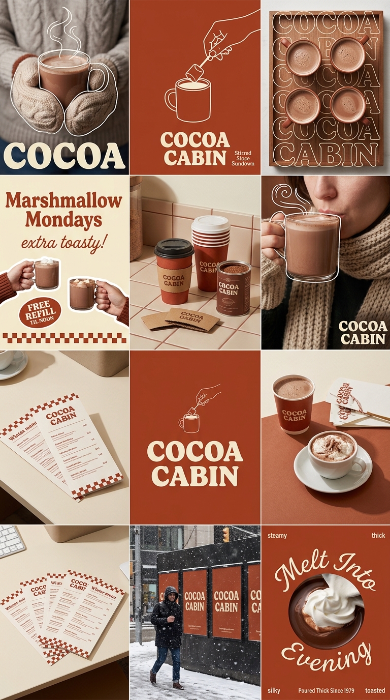 Cozy Cocoa Cabin Branding and Hot Chocolate Imagery