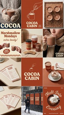 Cozy Cocoa Cabin Branding and Hot Chocolate Imagery