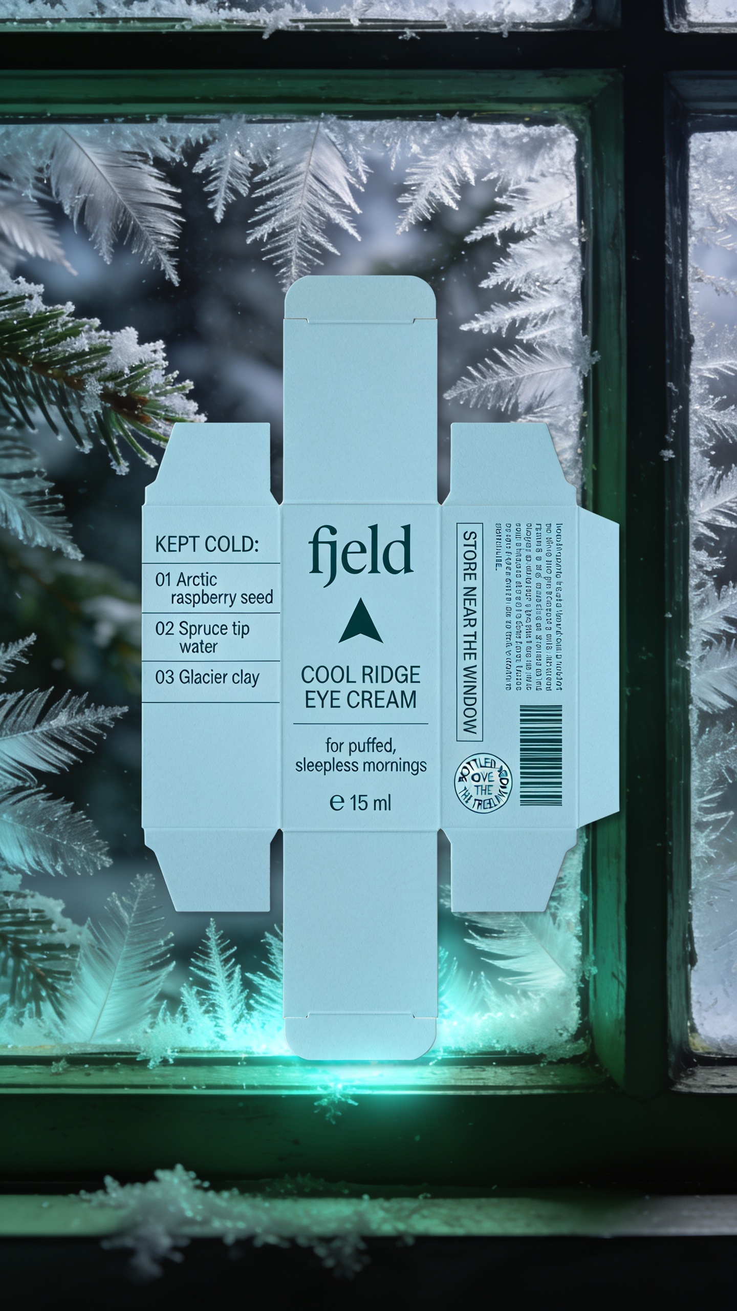 Cool Ridge Eye Cream Packaging Against Frosted Window