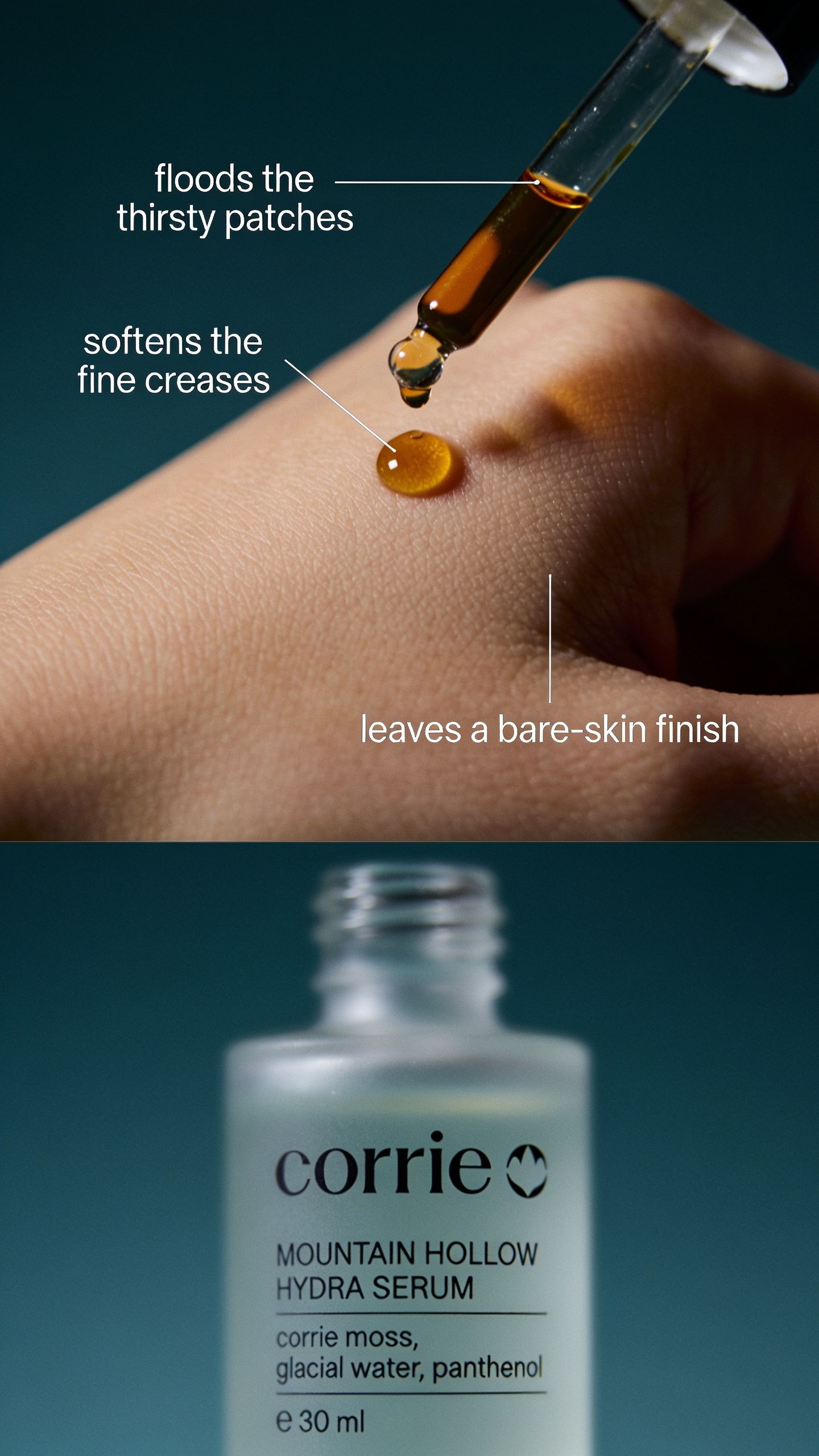 Hydra Serum Application and Bottle Close-Up