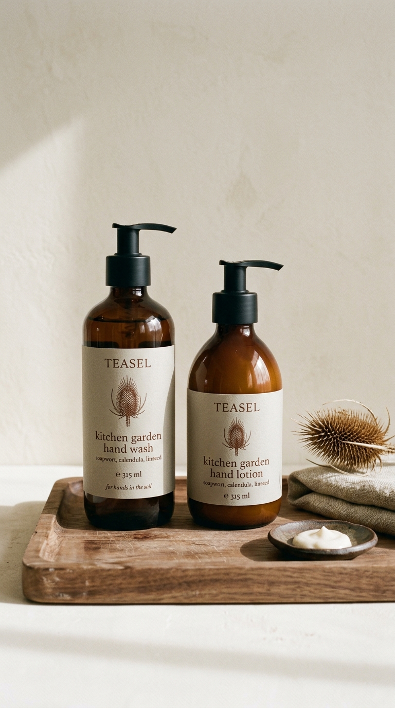 Stylish Hand Wash and Lotion Set on Wooden Tray