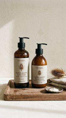 Stylish Hand Wash and Lotion Set on Wooden Tray